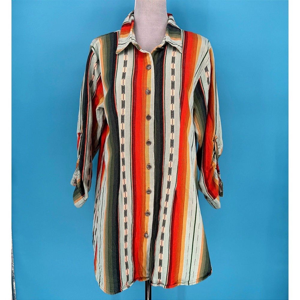 Lucky & Blessed Womens Serape Stripe Button Down Tunic Shirt Size‎ Large
